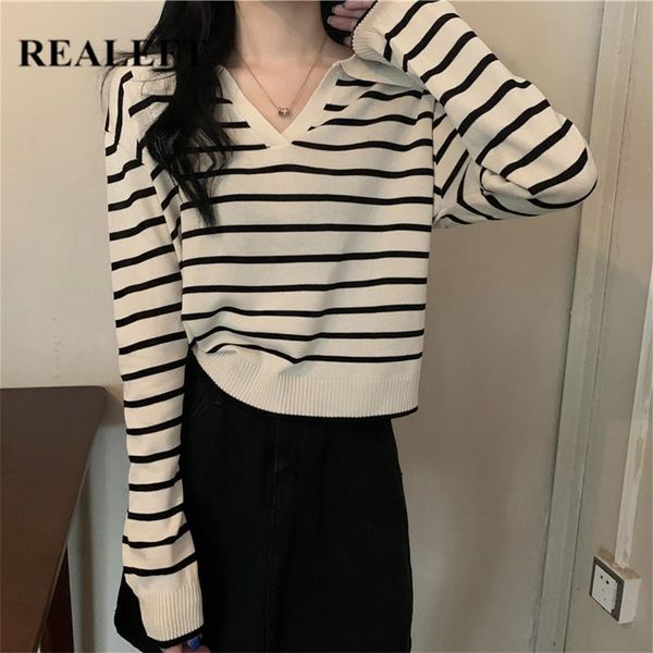 

women's sweaters realeft autumn winter classic striped knitting pullovers womens long sleeve collar casual loose bottoming sweater fema, White;black