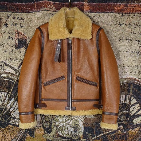 

men's leather & faux 2021 brown military style b3 bomber genuine shearling coat plus size 4xl real natural sheepskin winter thick warm, Black
