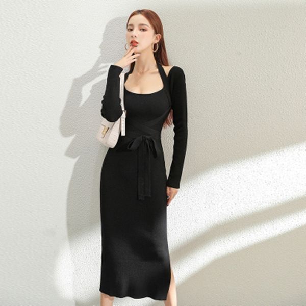 

zawfl autumn winer fashion women knitted bodycon dress spring sweater dresses female elegant chic lace-up vestidos 210603, Black;gray