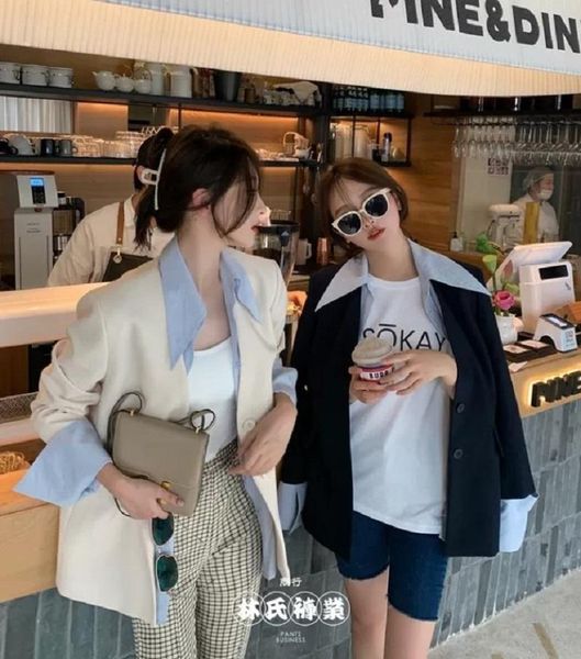 

women's suits & blazers coats women lapel stitching loose all-match leisure trendy outwears vintage chic ulzzang classic suit- ladies d, White;black