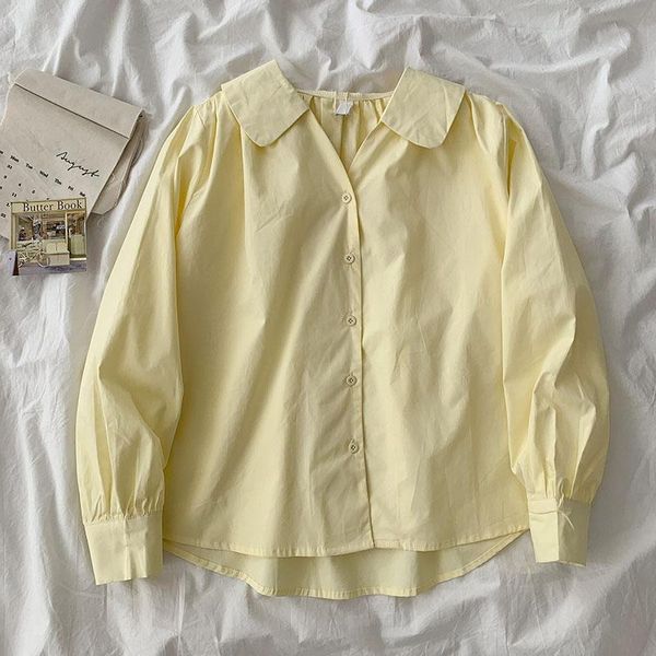 

women's blouses & shirts sweet style solid women summer design 2021 turn-down collar long-sleeved female outwear, White