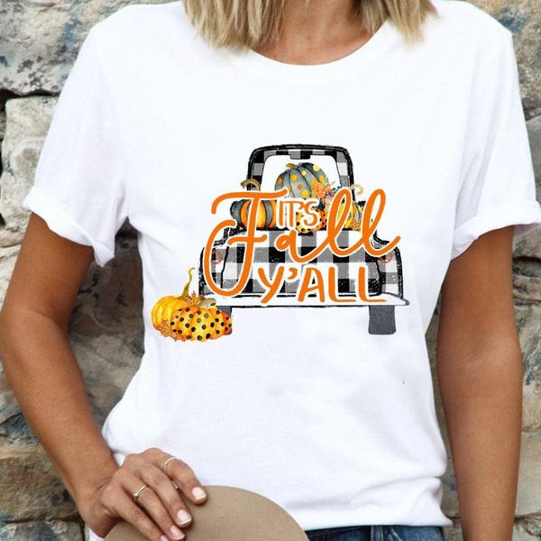 

women's t-shirt women plaid trend style fall autumn halloween thanksgiving pumpkin truck cartoon t shirt tee print female graphic t-shi, White