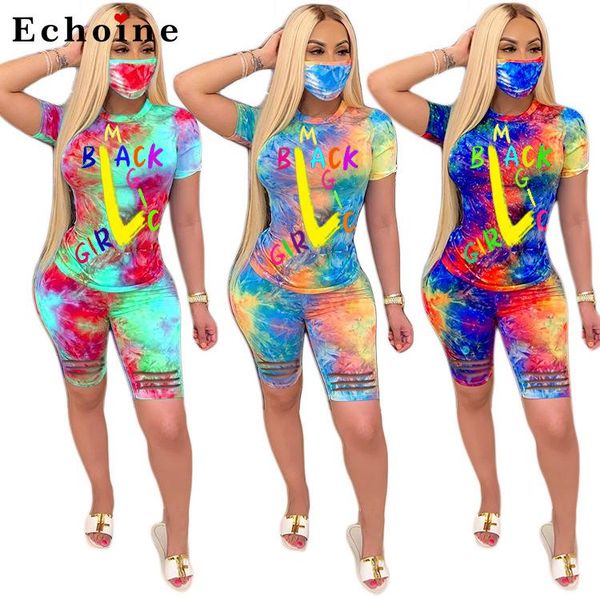

women's tie-dye printed t-shirt suit burnt flowers ins summer two piece set sports casual fitness shorts active tracksuit, Gray