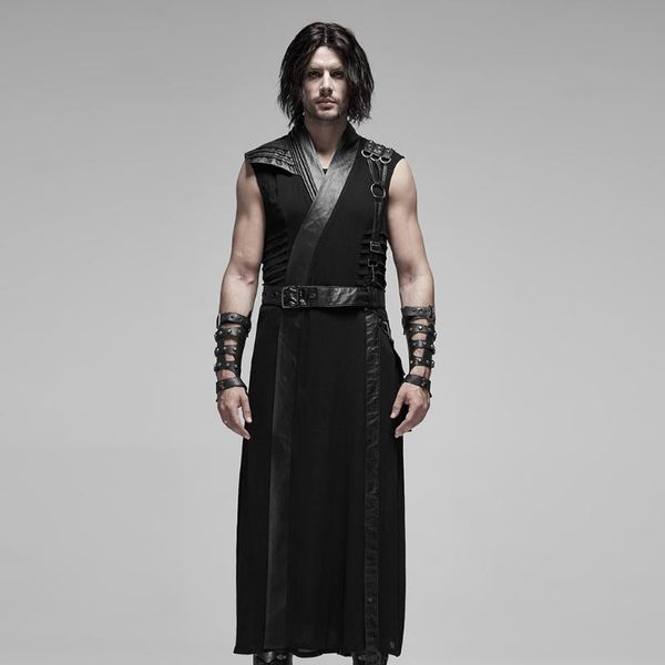 

men's vests punk rave black japanese warrior long vest metal buckle personality asymmetrical stage performance cosplay waistcoat, Black;white