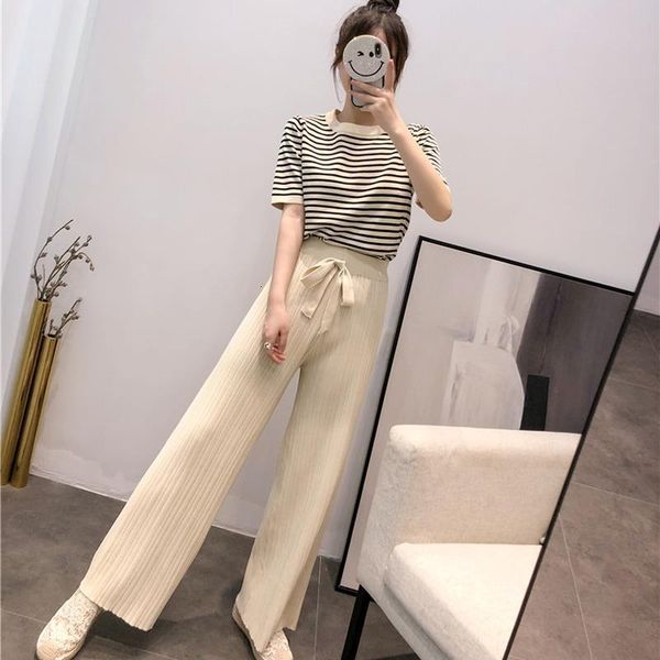 

2021 women new summer two piece set casual suit female striped short sleeve wide legs full pants slim chic tracksuit l2514dco, Gray