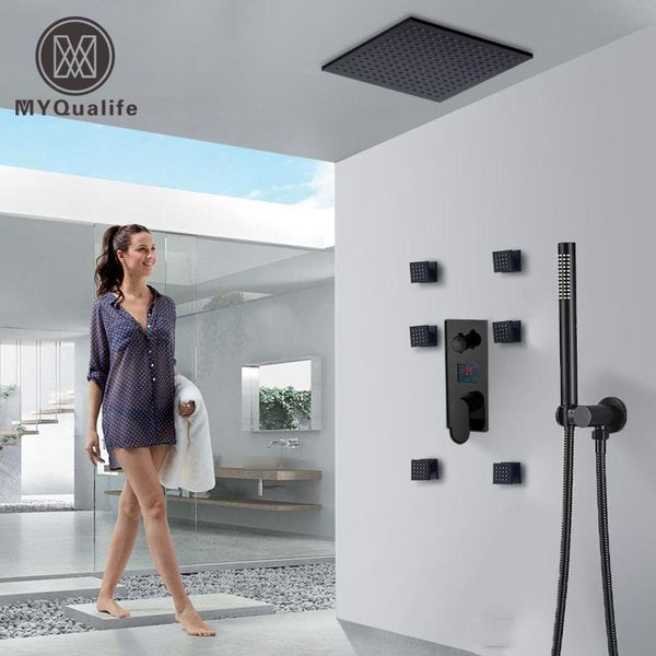 

matte black big rainfall shower faucet set single lever temperature digital display concealed shower mixing valve tap