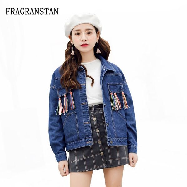 

women's jackets long sleeve spring autumn fashion woman slim pockets tassel loose lapel washing cowboy blue all-match short coat tgh47, Black;brown
