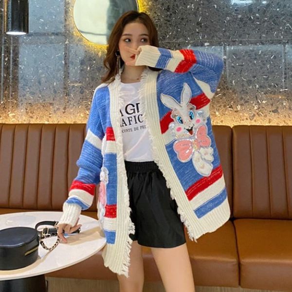 

women's knits & tees ebaihui kawaii sweater cardigans women tassel striped cartoon knitted sequin oversized cardigan winter thick wom, White