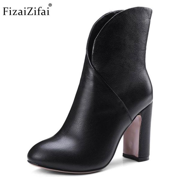 

boots coolcept women genuine leather high heel solid color autumn shoes thick heels botas for woman footwear size 34-39, Black