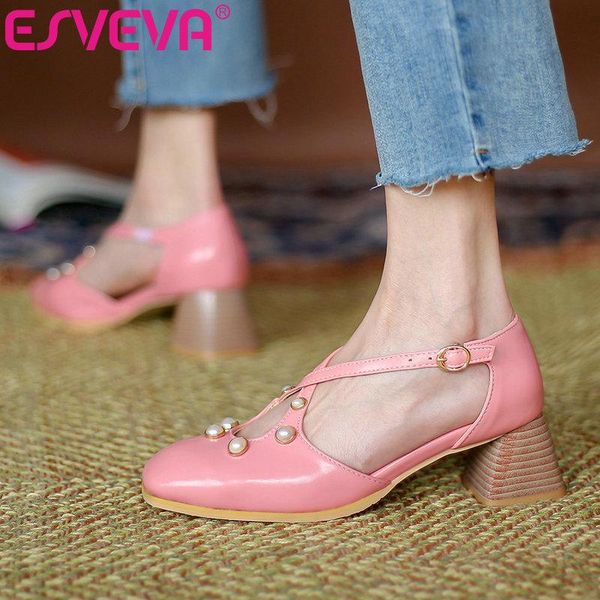 

esveva 2021 ankle strap buckle square high heels summer string bead female pumps square toe fashion women shoes size 34-43, Black