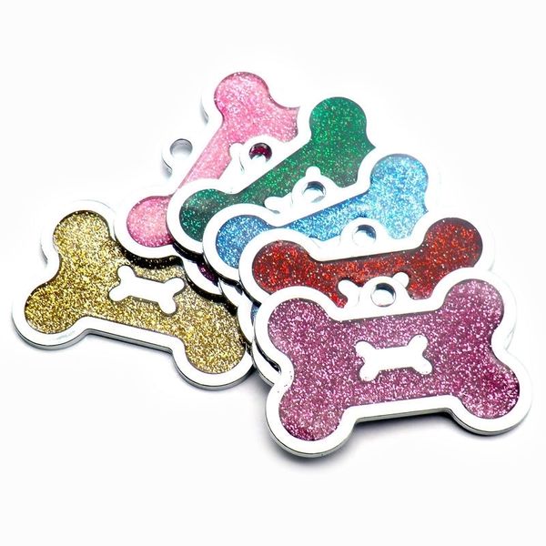 Commercio all'ingrosso 100 pz glitter personalizzato dog ID tag personalizzato forma ossea nome tag piatto piatto negozio negozio di cane accessori decorazione del colletto Y200922