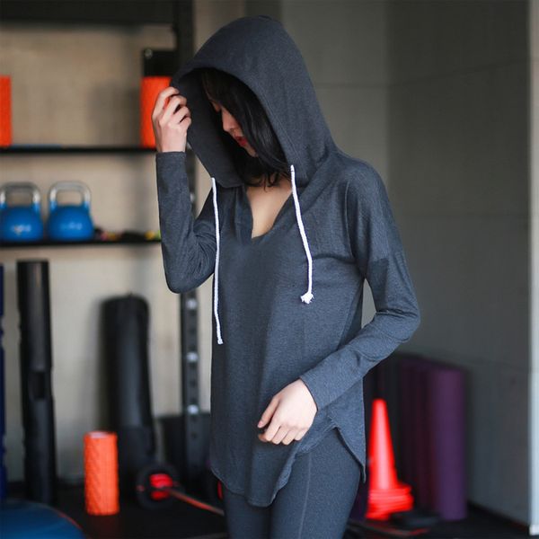 

women's t-shirt loose hooded fitns running net red blouse spring and summer sports thin long sleeved women's yoga cloth top, White