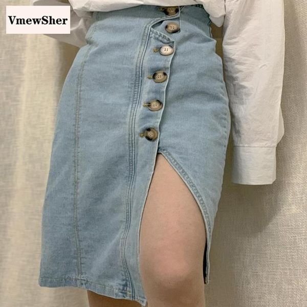 

skirts vmewsher summer chic irregular women denim skirt single breasted split hem knee length lady elegant high waist solid jean, Black
