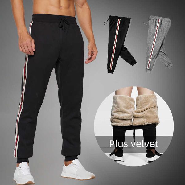 

men's winter pants casual plus velvet joggers thicken men stripe sweatpants slim fit warm fleece trousers men pant 210603, Black