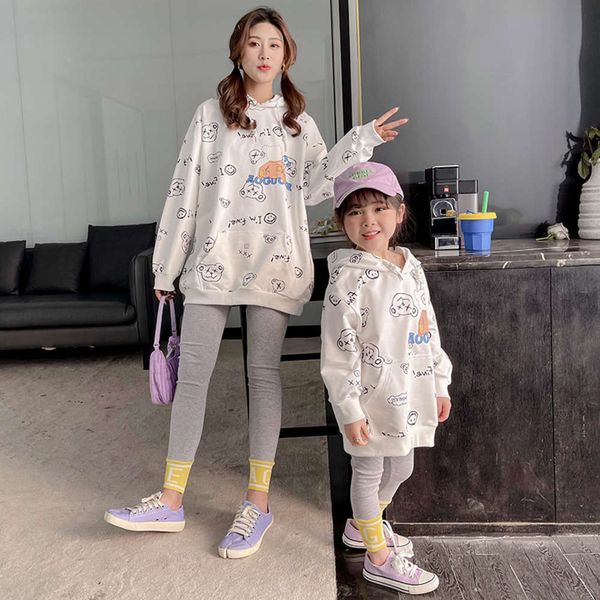 

2021 spring new parent korean child mother daughter two piece children's suit cartoon print hooded long sleeve foreign sle, Blue