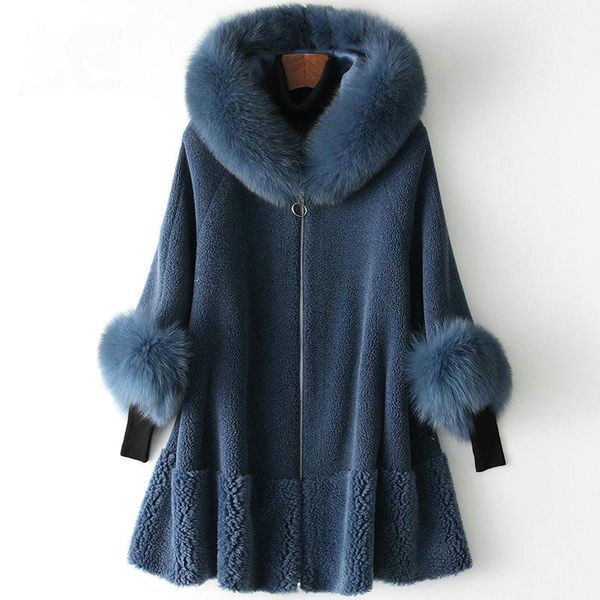 

real fur coat female sheep shearling fur korean jackets 2021 winter jacket women collar long wool coats my3535, Black