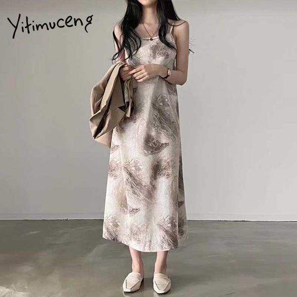 

yitimuceng vintage spaghetti strap dresses women summer tie dye maxi dress high waist a-line apricot gray korean fashion 210601, Black;gray