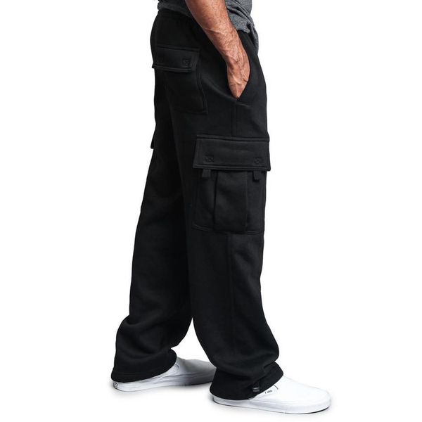 

men solid color multi pockets trousers drawstring loose sports straight pants men multi pockets trousers loose sports pants c0222, Black