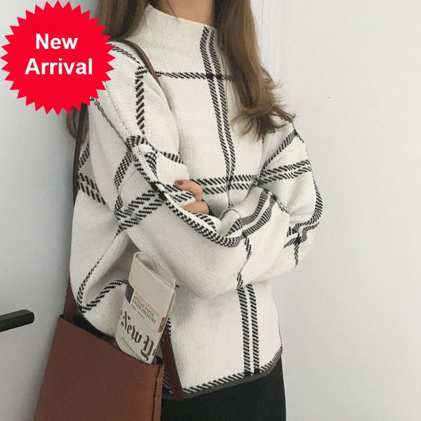

2021 ins winter new women's pullovers sweater fashion plaid turtleneck loose knit full sleeve korean casual t98301d, White;black