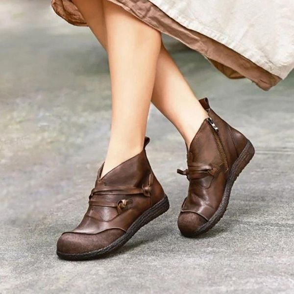 

boots vogue retro women fashion genuine ankle pu leather flats shoes buckle zipper round toe short mujer zapatos, Black