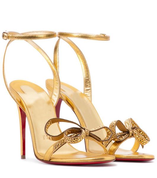 

luxurious designer women's sandals elegant red bottom jewel queen leather sandals crystal bows ankle straps high heels for party weddin, Black