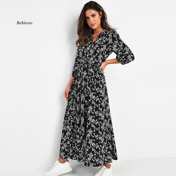 

casual dresses vintage floral print maxi dress women boho three quarter sleeve long turn down collar shirt robe, Black;gray