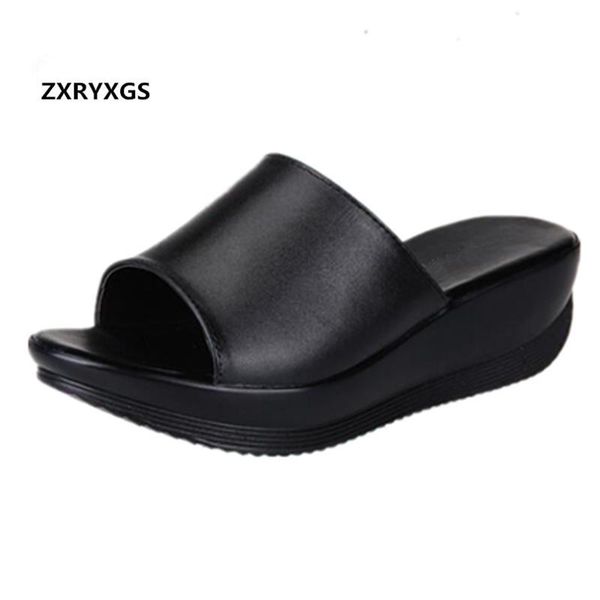 

dress shoes 2021 elegant comfort soft genuine leather slippers summer women sandals non-slip wedges beach casual plus size, Black