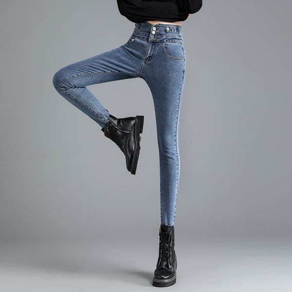 

women's jeans women's high waist stretch skinny denim pants 2021 spring autumnblue retro washed elastic slim pencil trousers, Blue