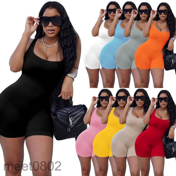 

women jumpsuit 2021 summer new designer fashion women's u neck solid color thread slim casual multi color one-piece pants sleeveless ve, Black;white