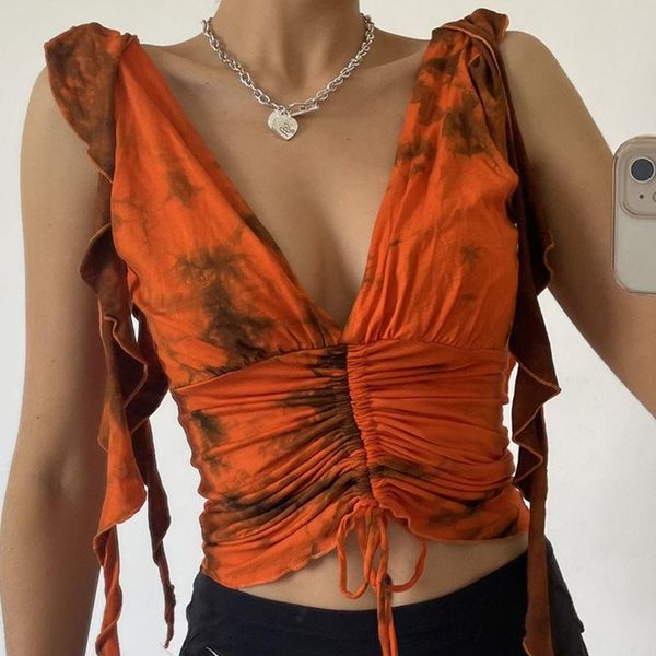 

women's tanks & camis y2k backless halter printed ruched tie up women crop cami tank t-shirt cute e girl bustier streetwear holiday, White