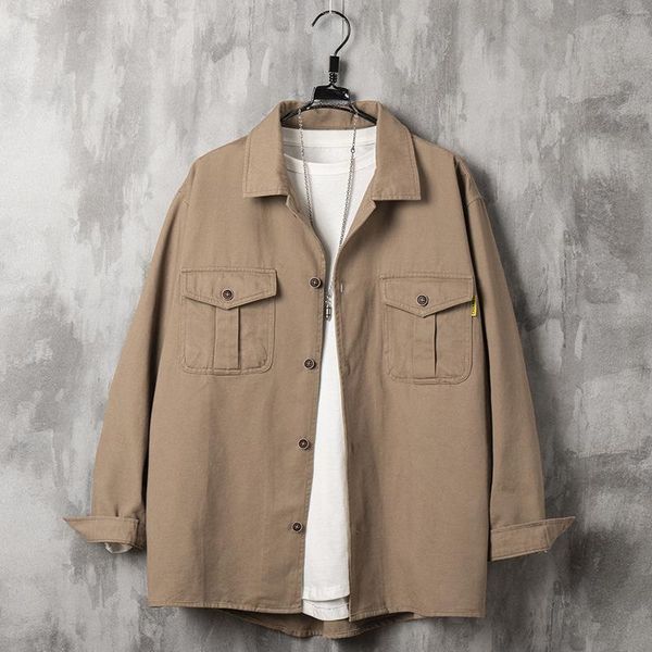 

men's casual shirts autumn long sleeve handsome slim shirt all-match simplicity retro cardigan design tooling pocket original coat tren, White;black