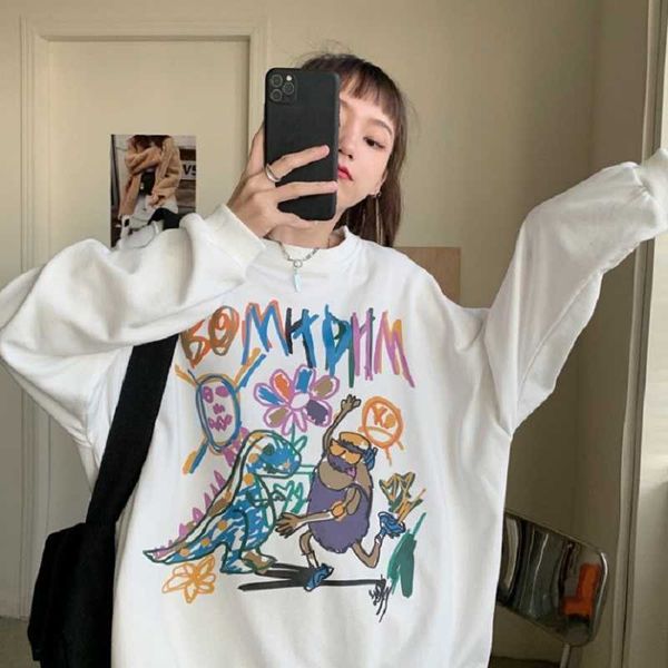 

korea harajuku cute cartoon casual plus size long sleeve winter female vintage fun fashion o-neck ulzzang sweatshirt 210608, Black
