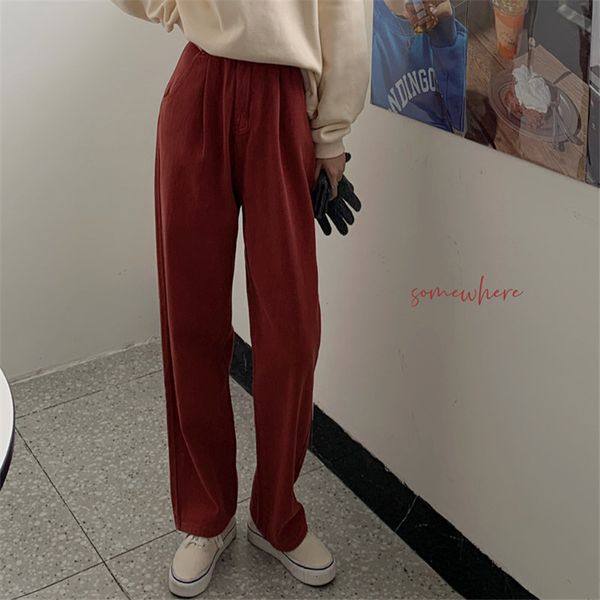 

red-wine large size new women office lady slim straight trousers 2021 chic loose-fitting casual cotton all match pants s0fd, Black;white
