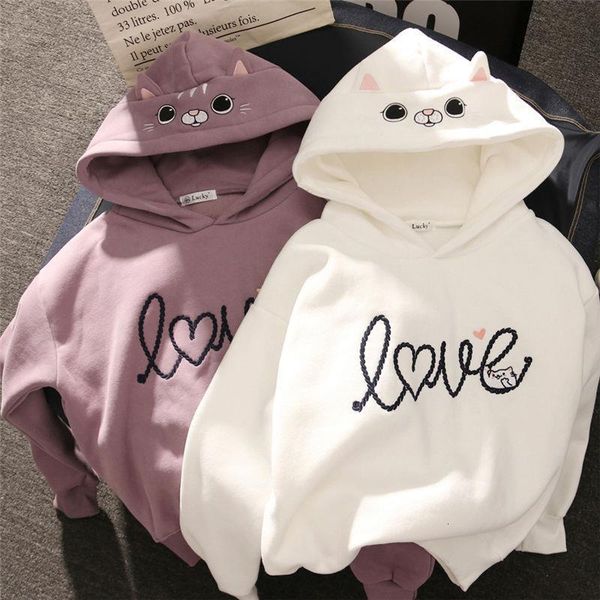 

women hoody women cute cat hoodie long sleeve elastic warm winter plush coat student 2021 fashion streetwear, Black