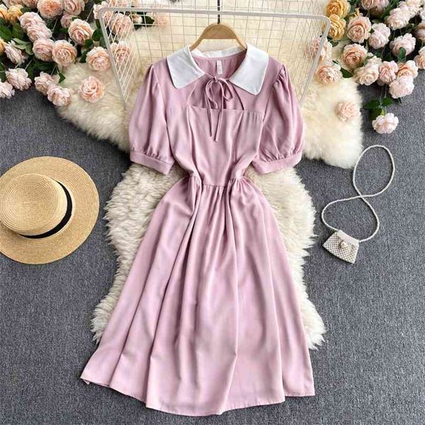 

college sweet dress women fashion summer contrast lapel lace-up hollow slim a-line short sleeve vestidos s448 210527, Black;gray