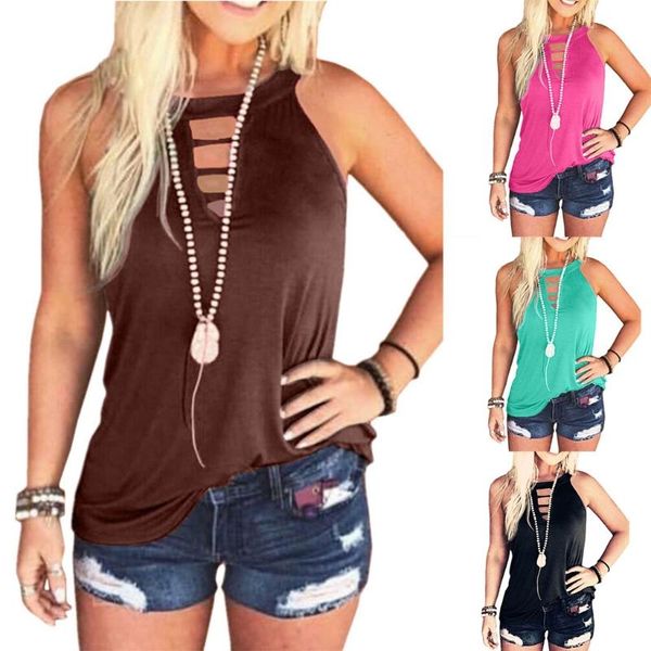 

women's tanks & camis women summer sleeveless o-neck halter tank hollow out front loose vest simple solid color casual beach shirts, White