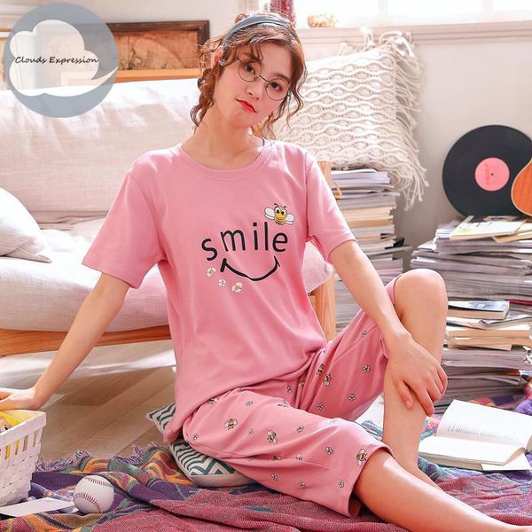 

summer knitted cotton cartoon pajamas sets women pyjamas sleepwear nightwear pijama mujer plus size calf-length pants homewear, Black;red