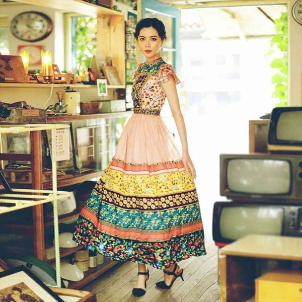 

autumn summer runway long women dress maxi chiffon patchwork lace printed floral short sleeve slim vestidos, Black;gray