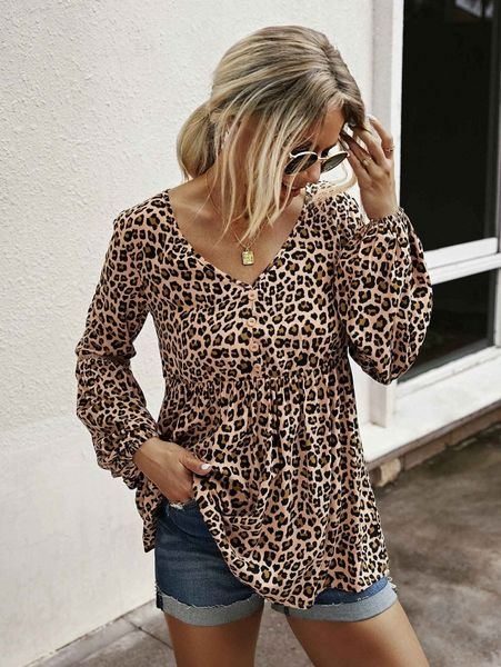 

leopard print ruffle hem blouse p9x2#, White
