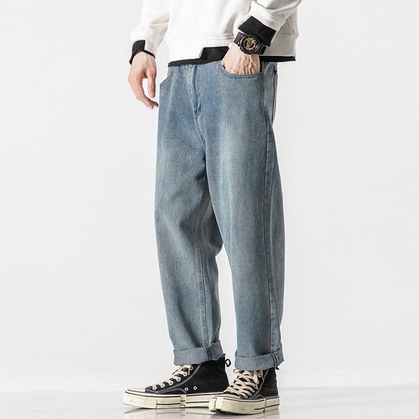 

men's jeans 2021 men floral loose straight retro trendy males baggy all-match leisure chic denim trousers punk korean style cowboy 5xl, Blue