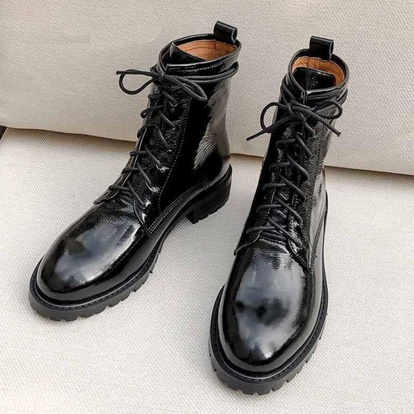 

boots ankle women's winter shoes genuine leather lace up keep warm beauty motorcycle botas mujer, Black