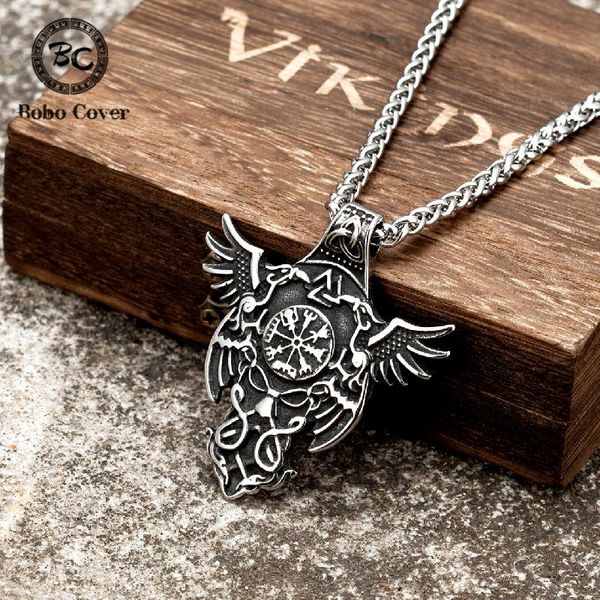 

pendant necklaces punk viking raven necklace norse runes compass oidn's crow amulet vegvisir stainless steel scandinavian men jewelry gi, Silver