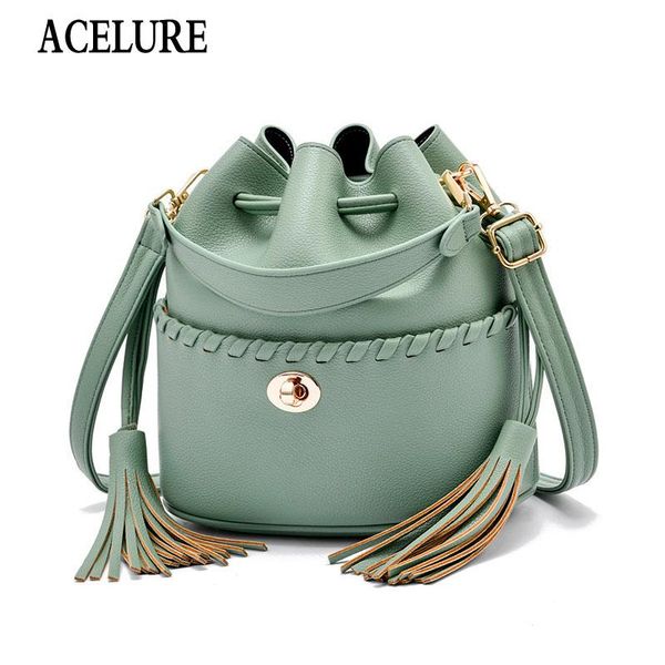 

cross body acelure solid pu leather messenger bag totes high capcity string bucket bags for women casual fashion shoulder crossbody