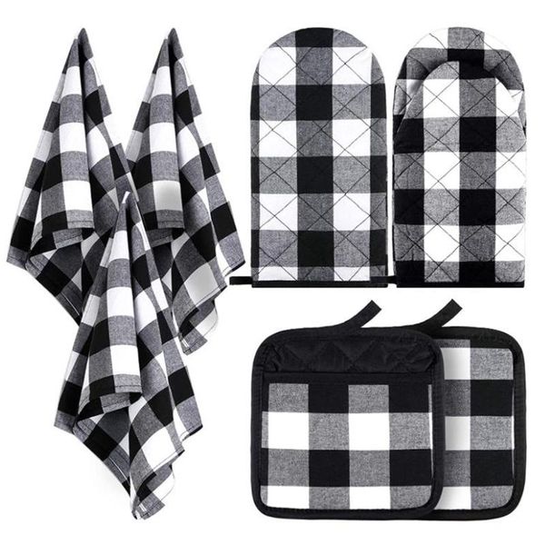 

oven mitts 7 pcs check dish towels pot holders non-slip heat resistant and for cooking grilling