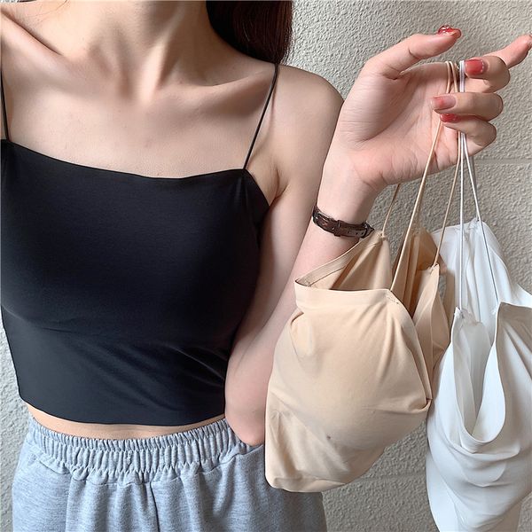 

oil painting of girl ice silk camisole womens seamless underwear with chest pad backless crop-bandeau short bottoming top, Black;white