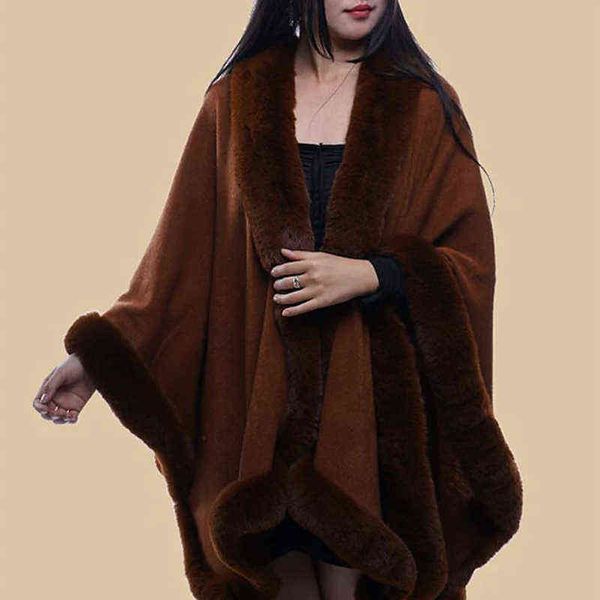 

faux fur coat women winter fashion cape hooded long sleeves plus size loose thick warm 211207, Black