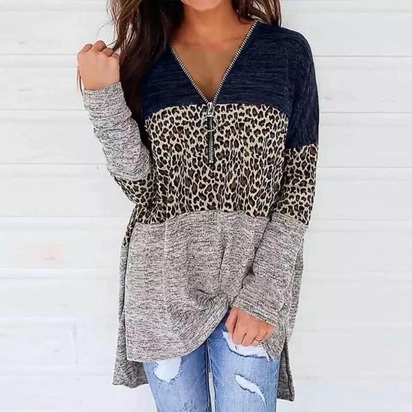 

women's t-shirt loose v-neck zipper leopard long sleeve, White