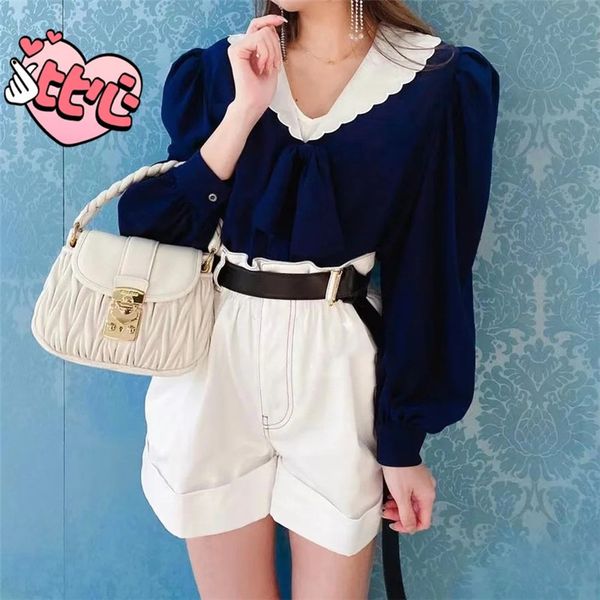 

2021 korea's new spring v-neck lantern long-sleeve shirt casual blue chiffon womens and blouses qfar, Black
