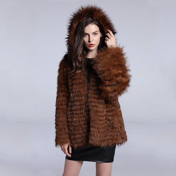 

women's fur & faux 2021 style warm and fashionable dark kaqhi hooded long sleeves genuine leather real coat short luxury clothes women, Black