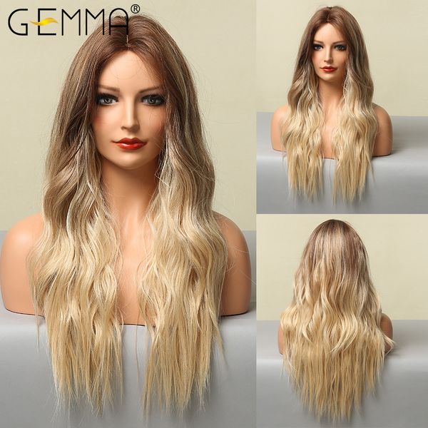 

long wavy synthetic lace wigs ombre brown blonde lace front wig for women natural middle part cosplay daily lolita hair, Black